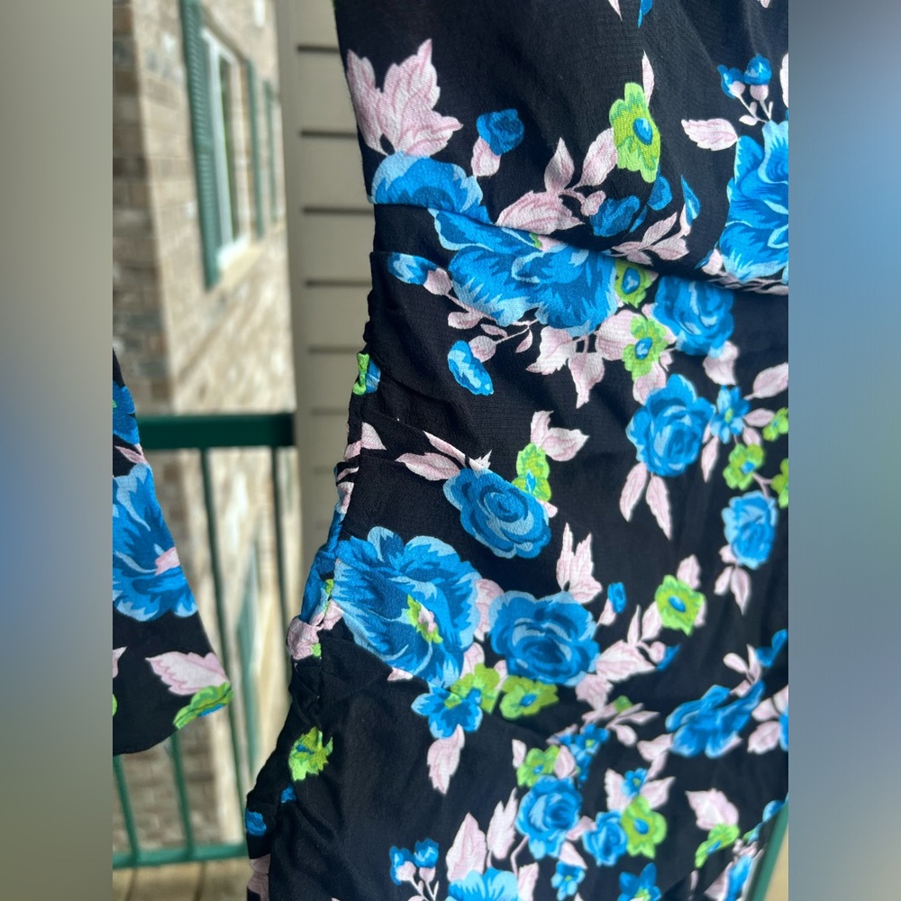 🆕 Zara Blue Floral Open Back Mini Dress XS | Long Sleeve Ruched - Picture 10 of 17